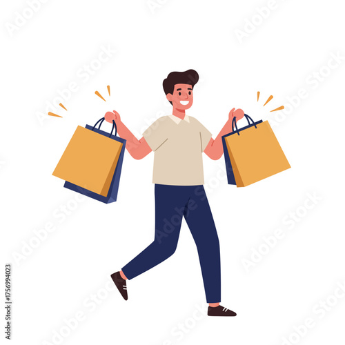 Excited man with shopping bags experiencing joyful retail therapy and consumerism silhouette flat design vector illustration white background