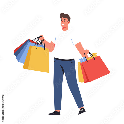 Happy man holding many colorful shopping bags after successful retail therapy purchase silhouette flat design vector illustration white background