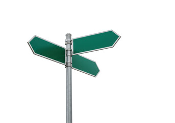 Green direction sign isolated PNG on transparent background, blank road signpost for navigation and advertising use