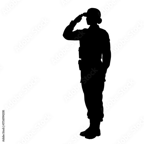 Silhouette of soldier in uniform rendering a formal military salute for remembrance and respect silhouette flat design vector illustration white background