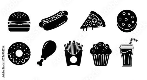 Illustration of various fast food items including burger hotdog pizza donut fries and drink in black color