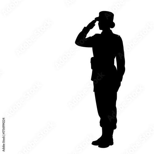 Silhouette of a woman in military uniform saluting symbolizing patriotism and service silhouette flat design vector illustration white background