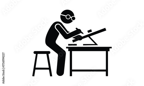 Architect or designer working on a drawing table illustration in black and white minimal style