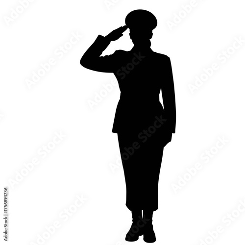 Silhouette of a woman in military uniform rendering a formal salute silhouette flat design vector illustration white background