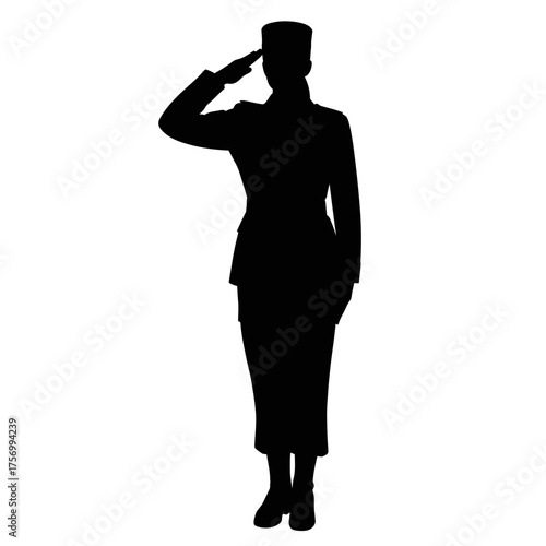 Silhouette of a woman in military uniform saluting with pride and respect silhouette flat design vector illustration white background