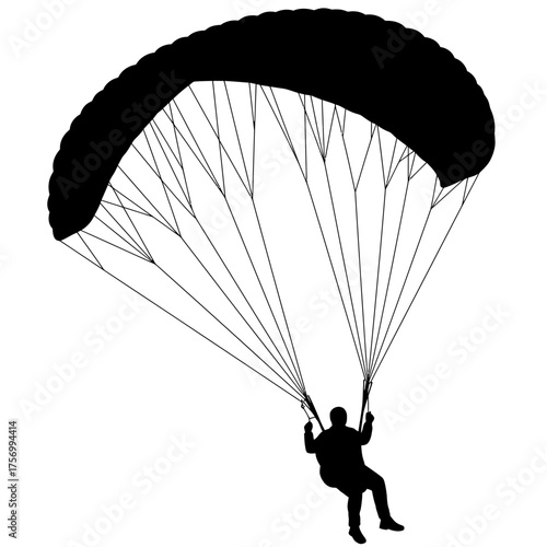 Silhouette of a paraglider soaring through the sky with a detailed parachute canopy and lines silhouette flat design vector illustration white background