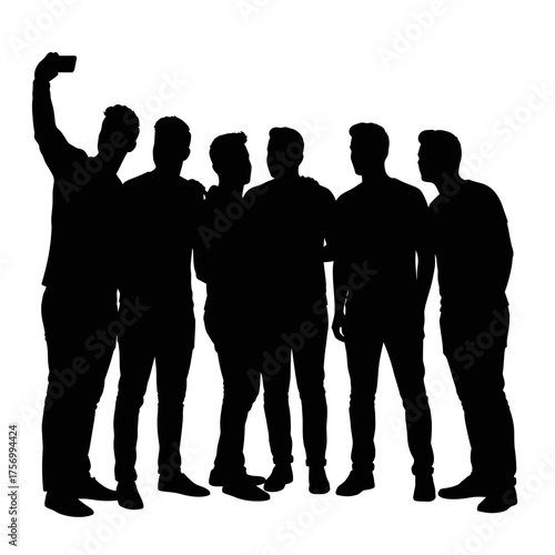 Silhouette group of friends capturing a selfie together in a social gathering moment silhouette flat design vector illustration white background