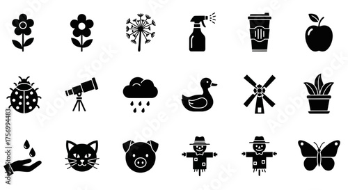 Collection of diverse black and white icons including nature, science, and everyday objects design