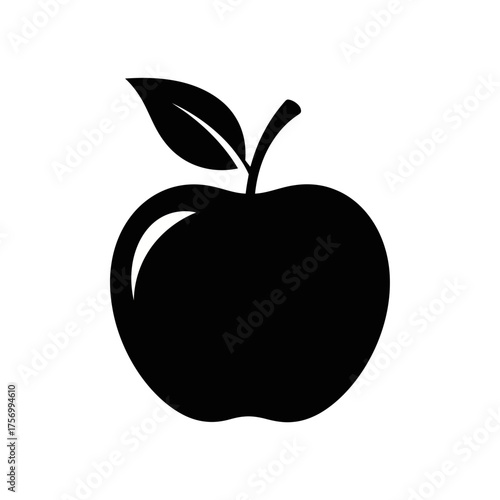 An apple with a leaf and stem in black silhouette on a white background simple and clean illustration