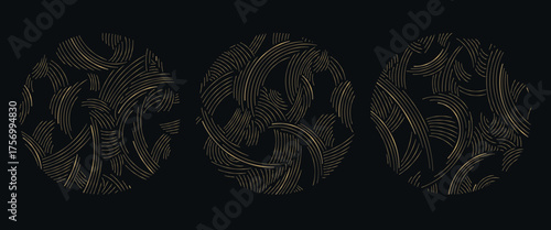 Abstract golden wave circle patterns, elegant Chinese and Japanese geometric lines and soft flowing textures. Luxury packaging, menu design, logos, and modern oriental backgrounds.