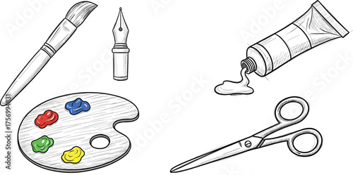 Art supplies illustration, paintbrush, fountain pen, painter palette, paint tube, scissors, creative tools, sketch style, drawing, painting, design