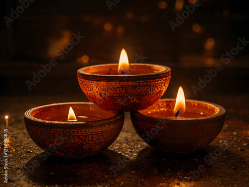 Three beautiful handmade clay Diya oil lamps burning brightly during Diwali. A traditional decoration for the Hindu festival of lights creating a warm, spiritual celebration.