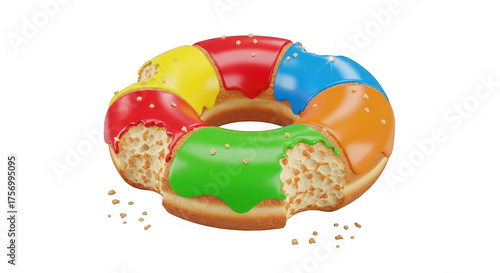 Colorful donut with bite taken out isolated on transparent background