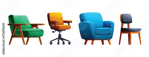 Set of four different style chairs including an armchair, a wheeled office chair, a comfy lounge chair, and a wooden back chair. Vector cartoon illustration