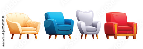 Set of four soft colorful armchairs with wooden legs for a home living room or office reception waiting area. Vector cartoon illustration