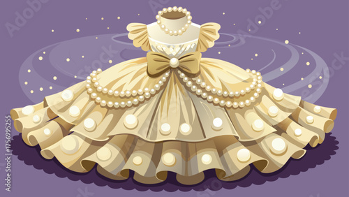 Very beautiful ivory dress with pearl details and layered tulle skirt, combining elegance and playful charm, perfect for children’s festive fashion illustration or stylish vector design compositions.