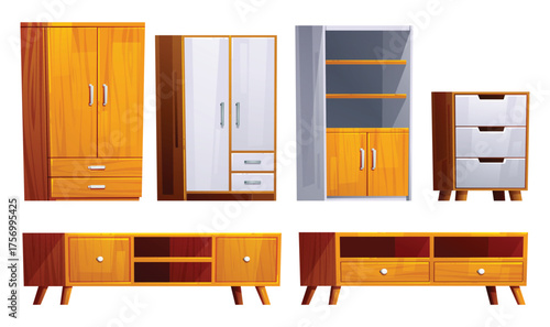 Set of modern wooden cupboards and cabinets with drawers, shelves, and doors for bedroom or living room storage. Vector cartoon illustration