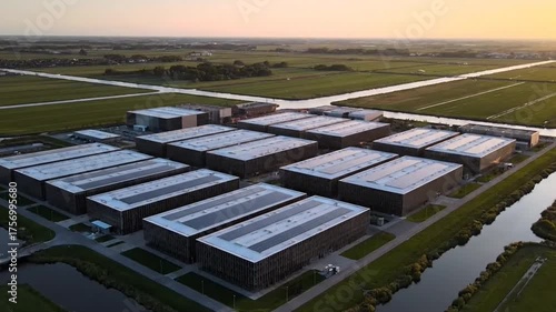 Aerial View of Data Centers With Solar Panels at Golden Hour in Rural Landscape With River