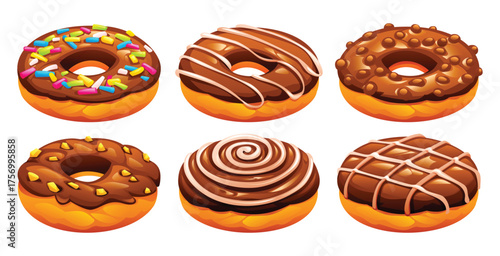 Set of six chocolate donuts with various toppings like sprinkles, peanuts, and glaze, isolated on a white background. Vector cartoon illustration