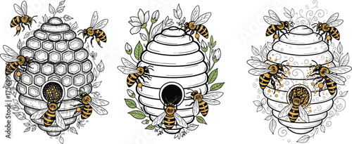 Beehive illustration, honeycomb design, decorative hive art, bees flying, floral foliage, nature concept, apiary symbol, pollination theme, organic farming, ecology