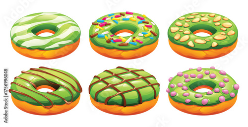 Set of six matcha donuts with various toppings like sprinkles, almonds, and glaze, isolated on a white background. Vector cartoon illustration