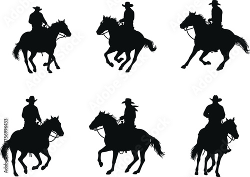 Cowboy silhouette, horse riding, western ranch scene, wild west action, rodeo motion, vintage cowboy art, equestrian pose, rustic adventure, black vector illustration