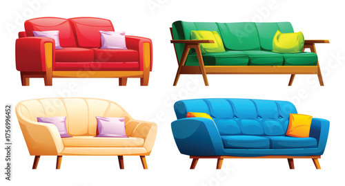 Set of four soft modern two-seater sofas in various colors like red, green, blue, and cream with accent pillows. Vector cartoon illustration