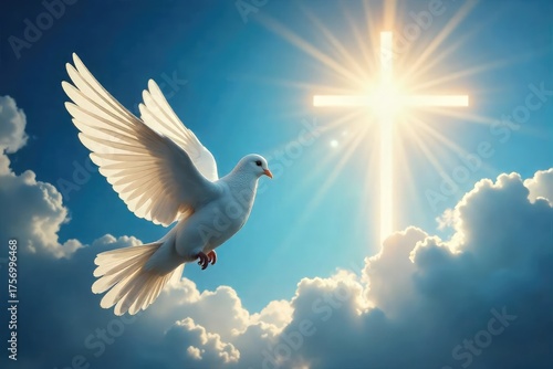 A symbolic image depicting Christian salvation; a dove descending, light shining, cross visible in the background, conveying hope, peace, and spiritual rebirth , life, church