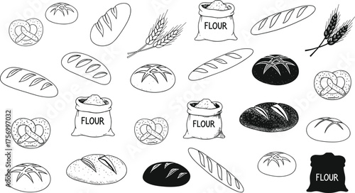 Bread illustration, bakery elements, pretzel drawing, flour bag, wheat stalks, baguette sketch, rustic loaf, artisan bread, baking ingredients, food design