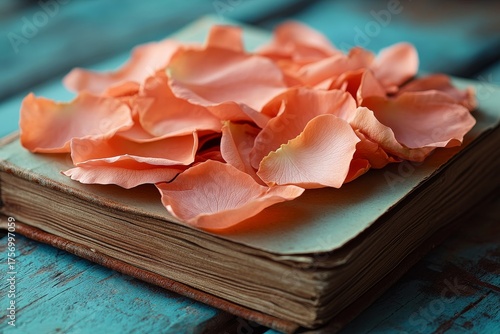 A book lies open, its pages adorned with delicate orange petals that evoke a sense of beauty and tranquility