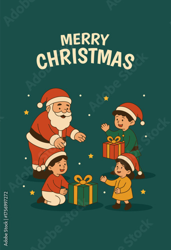 Cute Christmas vector illustration featuring Santa Claus and children exchanging gifts