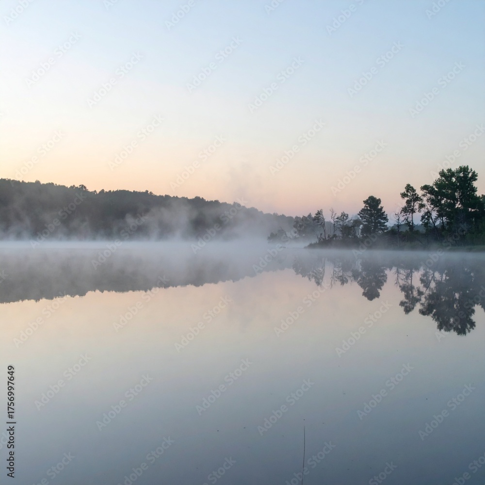 Fototapeta premium Soft mist over calm lake during sunrise showing peaceful natural reflection