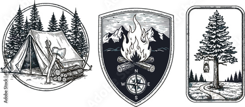 Camping, outdoor adventure, pine forest, tent, campfire, mountain landscape, wilderness, lantern, hiking, survival, exploration, travel, nature 