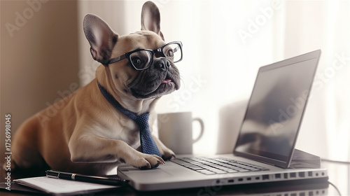 French Bulldog with glasses sitting at laptop with coffee cup. Funny pet working from home concept showing dog using computer with humorous professional business setup and copy space.