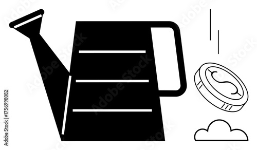 Black watering can with falling coin and small cloud. Ideal for investment, growth, financial planning, wealth, sustainability, resource nurturing, and success metaphor. Clean flat design style
