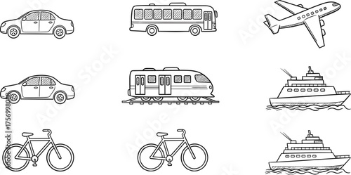 Car, bus, airplane, train, ferry, bicycle, transportation icons, travel, vehicle, journey, commute, transport, mobility, traffic, transit, travel concept 