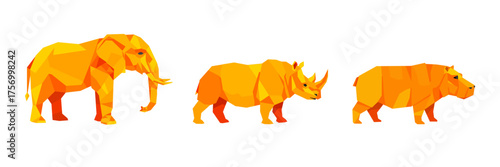 Canvas Print Geometric elephant, rhinoceros, hippopotamus animal set, orange origami illustra