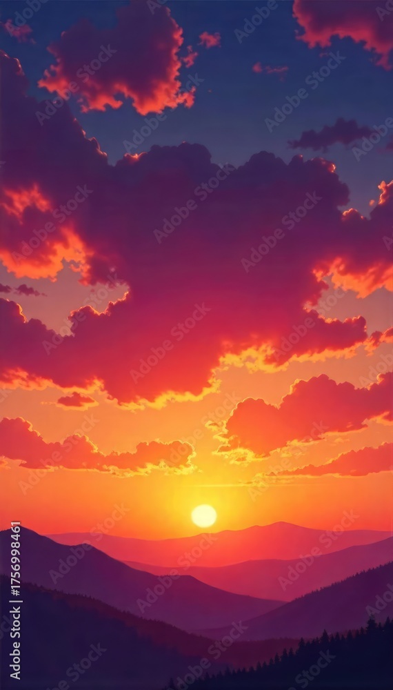 Fototapeta premium Stunning panoramic view of a vibrant sunset sky, filled with fiery oranges, deep reds, and soft pastel hues Perfect for travel, nature, and inspirational projects , dramatic, colorful, texture