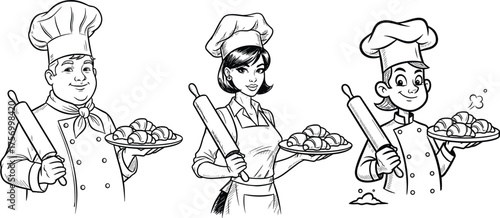 Cartoon chefs holding croissants and rolling pins, bakery illustration, culinary team sketch, pastry cooking concept, kitchen artwork, food preparation drawing