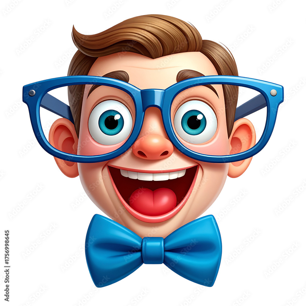 Obraz premium Cartoon vector of a man with oversized glasses and a giant bow tie — quirky, expressive design ideal for fun branding, children’s media, entertainment or whimsical themes