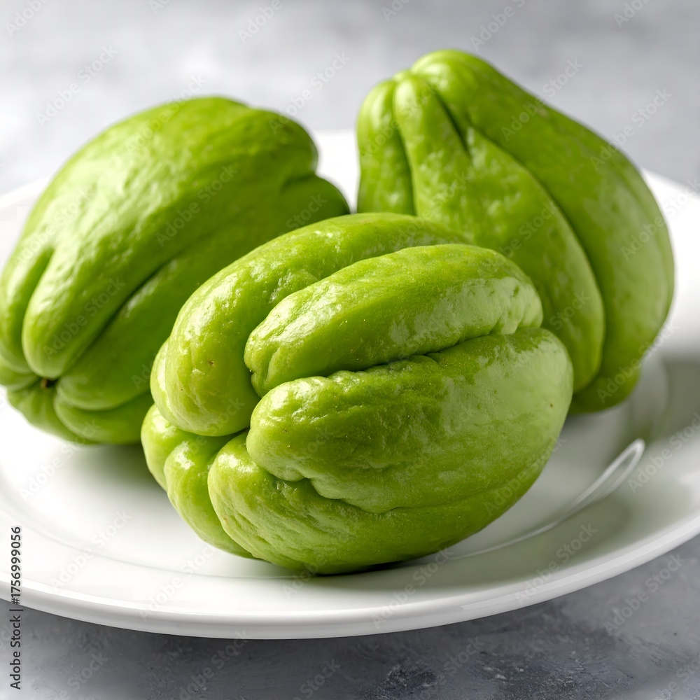 Fototapeta premium Fresh Green Chayote Squash (Mirliton) on a White Plate, Raw Tropical Vegetable for Healthy Cooking