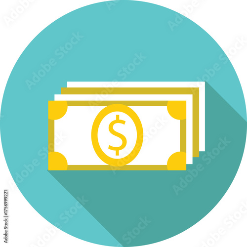 Stack of US Dollar Bills with a Circular Teal Background and Long Shadow Effect Representing Financial Services and Wealth