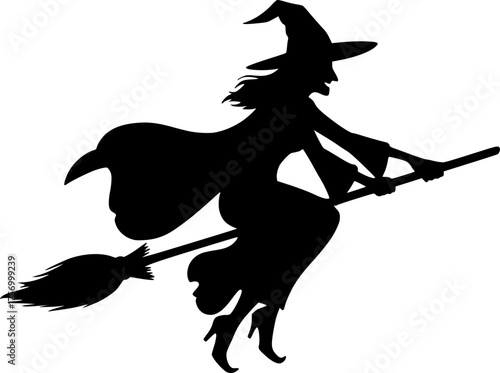 Vector silhouette illustration of a witch flying on a broomstick for spooky halloween designs silhouette White background
