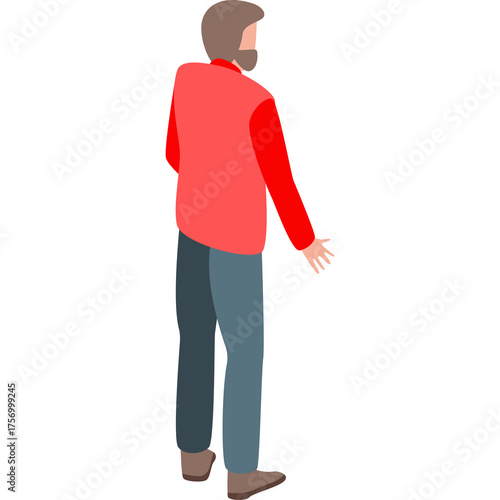 Standing Man With Red Vest and Blue Jeans Facing Away From Camera Against White Background Isometric Style