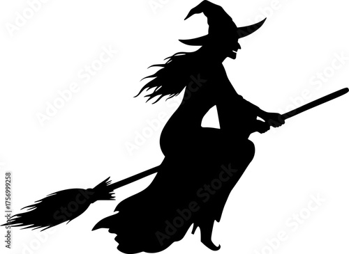 Vector silhouette illustration of a witch flying on a broomstick for spooky halloween designs silhouette White background
