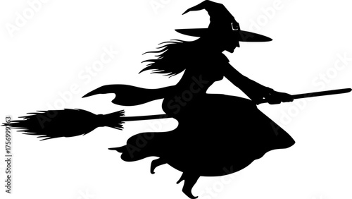 Vector silhouette illustration of a witch flying on a broomstick for spooky halloween designs silhouette White background

