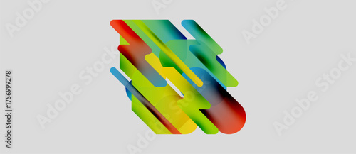 Abstract colorful shapes overlap, creating dynamic composition. Bright hues blend, forming modern visual element. Simple background enhances design.