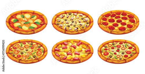 Set of six whole round pizzas with different toppings including Margherita, pepperoni, and mushroom, isolated on white. Vector cartoon illustration