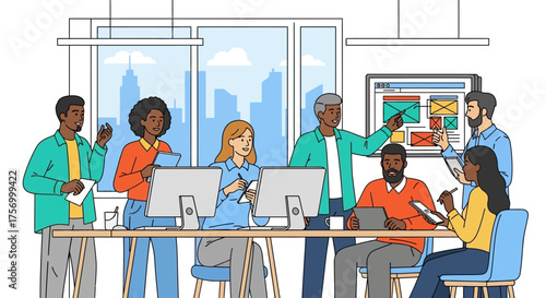 Diverse Team Collaborating on Project in Office.