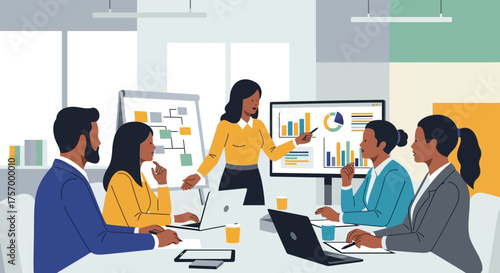 Business Team Meeting Presenting Data and Charts.